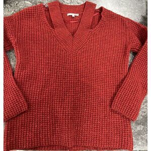 Rebecca‎ Minkoff Cold Shoulder Lambs Wool Confetti V Neck Sweater Rust Sz L